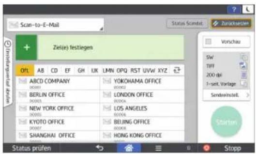 Scan-to-E-Mail Status Scandat Zurücksteuer + Ziel(e) festiegen OFL AB CD EF GH UK LMN OPQ RST UVW XYZ Vorschau SW TIFF 200 dpi 1-sett. Vorlage Sendewinstell > Starten Status prüfen Stopp