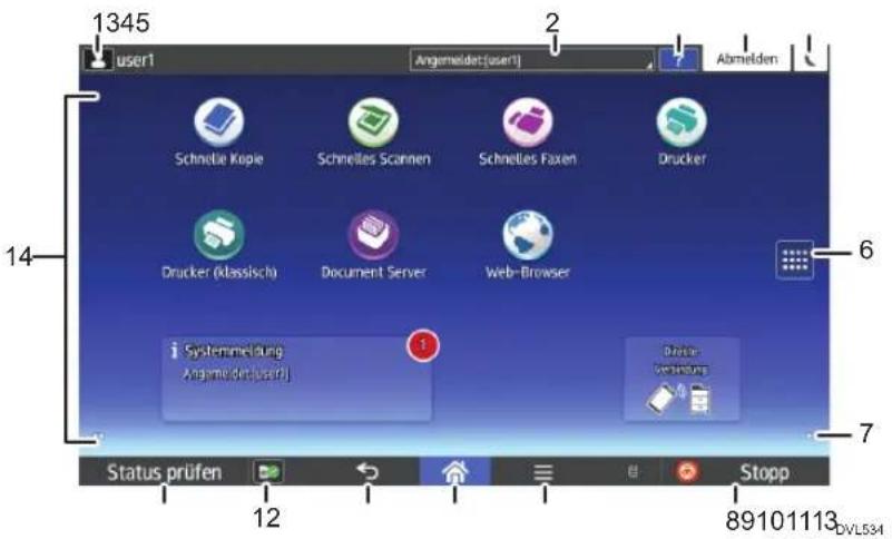 1345 user1 Angemeidet[\user1] 2 Abmelden Schnelle Kopie Schnelles Scannen Schnelles Faxen Drucker Drucker (klassisch) Document Server Web-Browser Systemmeldung Angemeidet[\user1] Drive Verbindung Status prüfen 12 89101113_DVLS34