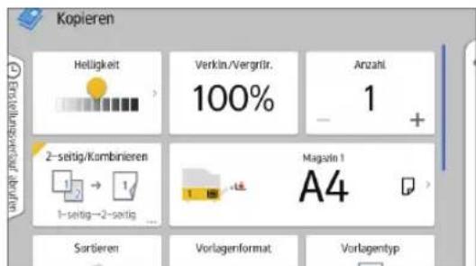 Kopieren Helligkeit Verkün/Vergrüfer. 100% Anzahl 1 + 2-sertig/Kombinieren Magazin 1 A4 1-sertig-2-sertig Sortieren Vorlagenformat Vorlagentyp