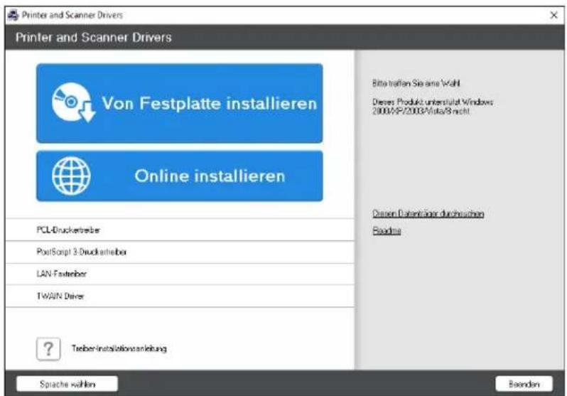 Printer and Scanner Drivers Printer and Scanner Drivers Von Festplatte installieren Online installieren PCL-Druckinterber PostScript 3-Druckinterber LAN-Fastreiber TWIN Driver ? Treber-installationanlebung Bita-tratten Sie eine Wahl Dresses Produkt-universität Windows 2000/AP/2003/Vista/B nicht. Olsen Datenfänger durchwechseln Beenden Späuche wollen Beenden