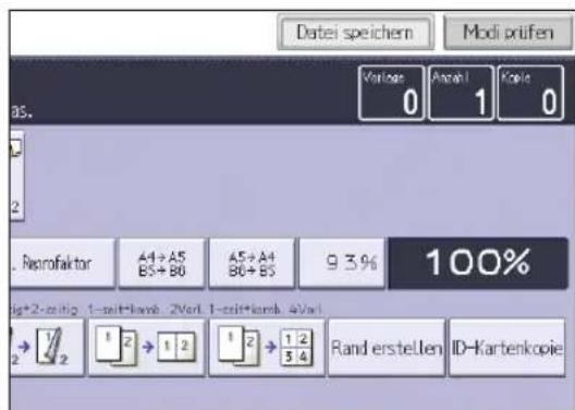 Datei speichern Modi prüfen Verlose Anzahl Kopie 0 1 0 AS. Reprofaktor A4+A5 B3+B0 A5+A4 B6+B3 9.3% 100% ig+2-digit 1-digit-kend 2Ver 1-digit-kend 4Ver 1 2 1 2 1 2 1 2 Rand erstellen ID-Kartenkopie