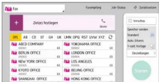 Fax Ziel(e) festlegen OIL AB CD EF GH UK LMN OPQ RST UVW XYZ ABCD COMPANY 00001 GS YORKHAMA OFFICE 00002 GS BERLIN OFFICE 00003 GS LONDON OFFICE 00004 GS NEW YORK OFFICE 00005 GS LOS ANGELES 00006 GS KYOTO OFFICE 00007 GS BEIJING OFFICE 00008 GS SHANGHAI OFFICE HONG KONG OFFICE Verschau Speicher senden Standard Auto Erkenn 1-selt Vorlage Einstellungen Starten