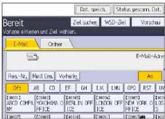 Bereit Vortage eintegen und Ziel wahlen. E-Mail Order E-Mail-Adre Reg.-Nr. Manl Eing. Vorherig. An Off AB CD EF GH LJK LMN OPQ RST UK [00001] ABCD COMPANY YOKOHAMA O FFICE [00002] [00003] BERLIN OFF ICE [00004] LONDON OFF ICE [00005] NEW YORK O FFICE [00012] S [00013] [00014] [00015] [00016] [00017] [00018] [00019] [00020] [00021] [00022] [00023] [00024] [00025] [00026] [00027] [00028] [00029] [00030] [00031] [00032] [00033] [00034] [00035] [00036] [00037] [00038] [00039] [00040] [00041] [00042] [00043] [00044] [00045] [00046] [00047] [00048] [00049] [00050] [00051] [00052] [00053] [00054] [00055] [00056] [00057] [00058] [00059] [00060] [00111] [00112]