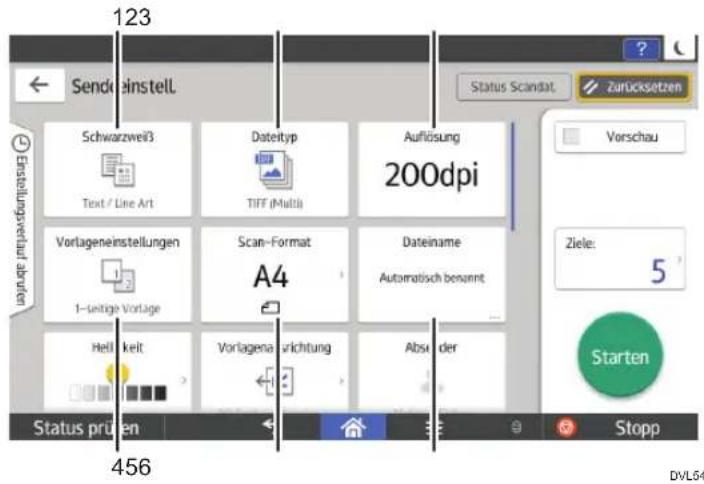 123 Send einstell Schwarzweiß Text / Line Art Dateityp TIFF (Multi) Auflösung 200dpi Vorschau Vortageneinstellungen Scan-Format A4 Dateiname Automatisch benannt 1-seitige Vortage Heli keit Vorlagena urichtung Absider Ziele: 5 Starten Status prünen Stopp 456 DVL64