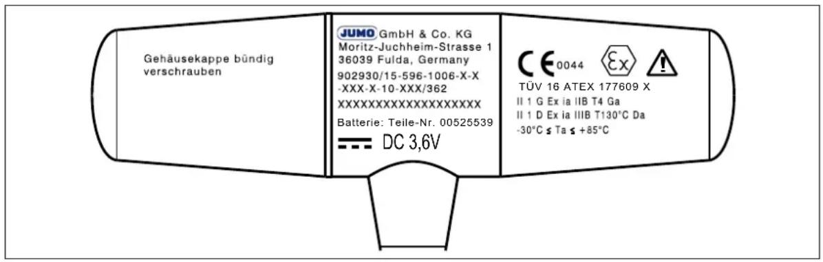Gehäusekappe bündig verschrauben JUMO GmbH & Co. KG Moritz-Juchheim-Strasse 1 36039 Fulda, Germany 902930/15-596-1006-X-X -XXX-X-10-XXX/362 XXXXXXXXXXXXXXXXXXXXX Batterie: Teile-Nr. 00525539 DC 3,6V CE0044 TÜV 16 ATEX 177609 X II 1 G Ex ia IIB T4 Ga II 1 D Ex ia IIIB T130°C Da -30°C ≤ Ta ≤ +85°C