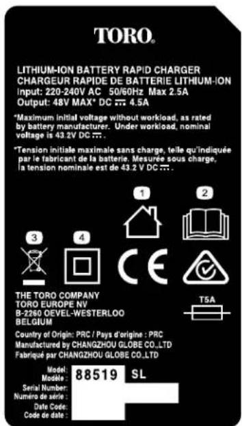 TORO. LITHIUM-ION BATTERY RAPID CHARGER CHARGEUR RAPIDE DE BATTERIE LITHIUM-ION Input: 220-240V AC 50/60Hz Max 2.5A Output: 48V MAX* DC ... 4.5A *Maximum initial voltage without workload, as rated by battery manufacturer. Under workload, nominal voltage is 43.2V DC ... *Tension initiale maximale sans charge, telle qu'indiquée par le fabricant de la batterie. Mesurée sous charge, la tension nominale est de 43.2 V DC ... 1 2 3 4 CE TSA THE TORO COMPANY TORO EUROPE NV B-2260 OEVEL-WESTERLOO BELGIUM Country of Origin: PRC / Pays d'origine : PRC Manufactured by CHANGZHOU GLOBE CO.,LTD Fabriqué par CHANGZHOU GLOBE CO.,LTD Model: Module: Serial Number: Numéro de série : Date Code: Code de date: 88519 SL