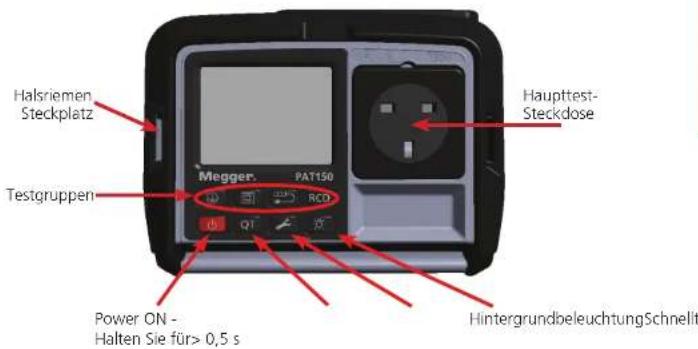 Halsriemen Steckplatz Testgruppen Megger. PAT150 Haupttest- Steckdose Power ON - Halten Sie für> 0,5 s HintergrundbeleuchtungSchnellit