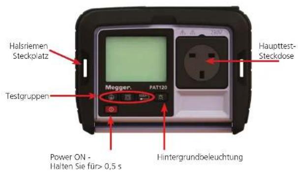 Halsriemen Steckplatz Testgruppen Megger. PAT120 Power ON - Halten Sie für > 0,5 s Hintergrundbeleuchtung Haupttest- Steckdose