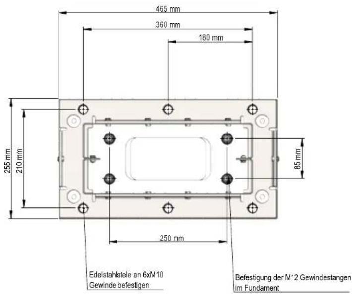 465 mm 360 mm 180 mm 255 mm 210 mm 85 mm 250 mm Edelstahlstele an 6xM10 Gewinde befestigen Befestigung der M12 Gewindestangen im Fundament