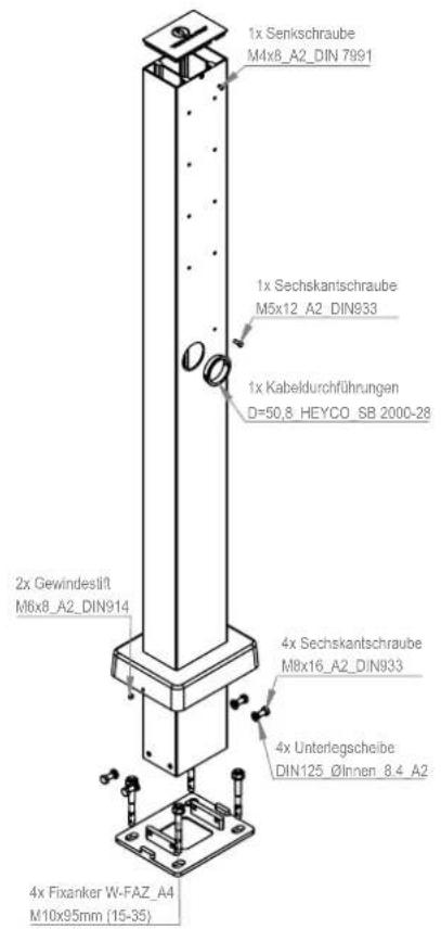 1x Senkschraube M4x8_A2_DIN 7991 1x Sechskantschraube M5x12_A2_DIN933 1x Kabeldurchführungen D=50,8_HEYCO_SB 2000-28 2x Gewindeslift M6x8_A2_DIN914 4x Sechskantschraube M8x16_A2_DIN933 4x Unterlegscheibe DIN125_ØInnen 8.4_A2 4x Fixanker W-FAZ_A4 M10x95mm (15-35)