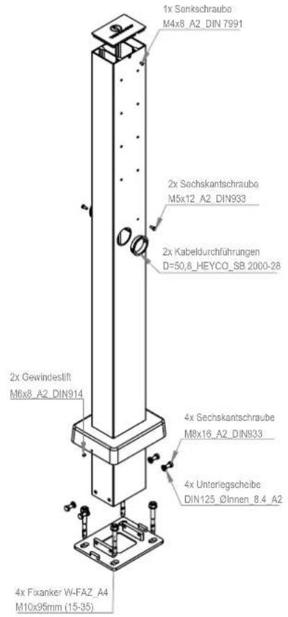 1x Sankschraube M4x8_A2_DIN 7991 2x Sochskantschraube M5x12_A2_DIN933 2x Kabeldurchführungen D=50,8_HEYCO_SB 2000-28 2x Gewindeslift M6x8_A2_DIN914 4x Sechskantschraube M8x16_A2_DIN933 4x Unteriegscheibe DIN125_OInnen_8.4_A2 4x Fixanker W-FAZ_A4 M10x95mm (15-35)