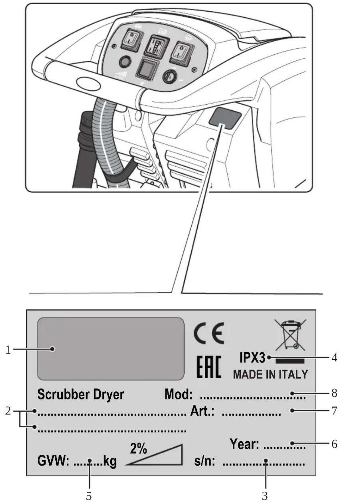1 CE EAC IPX3 MADE IN ITALY 2 Scrubber Dryer Mod: ...... Art.: ...... GVW: ......kg 2% Year: ...... s/n: ...... 3 4 8 7 6