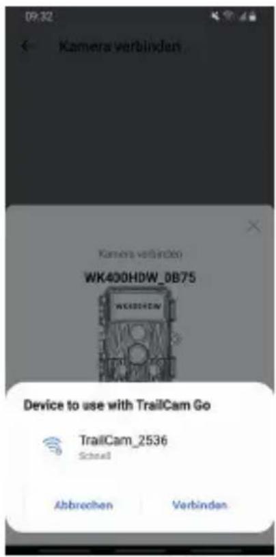 09:32 Kamera verblyden Kamera verblyden WK400HDW_0B75 Device to use with TrailCam Go TrailCam_2536 Schnell Abbrechen Verbinden
