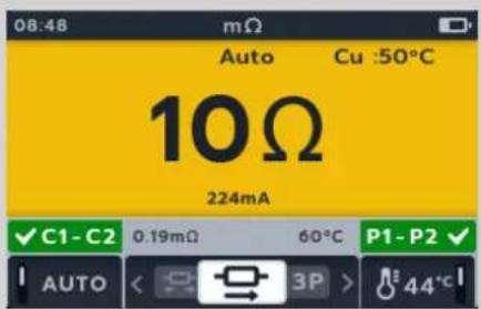 08:48 mΩ Auto Cu :50°C 10Ω 224mA ✓ C1 - C2 0.19mΩ 60°C P1 - P2 ✓ AUTO < 3P > 44°C