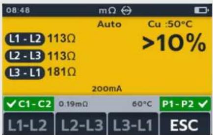 08:48 mΩ Auto Cu :50°C L1 - L2 113Ω L2 - L3 113Ω L3 - L1 181Ω >10% 200mA ✓ C1 - C2 0.19mΩ 60°C P1 - P2 ✓ L1-L2 L2-L3 L3-L1 ESC