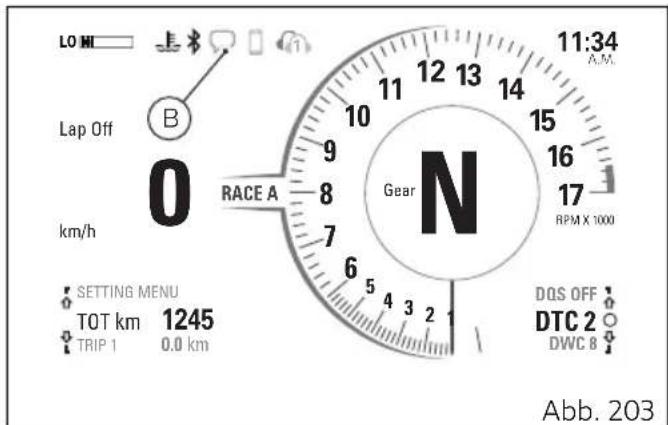 LO MI B Lap Off 0 km/h RACE A Gear 11:34 A.M. 12 13 14 15 16 17 RPM X 1000 Setting Menu TOT km 1245 TRIP 1 0.0 km DQS OFF DTC 2 DWC 8 Abb. 203