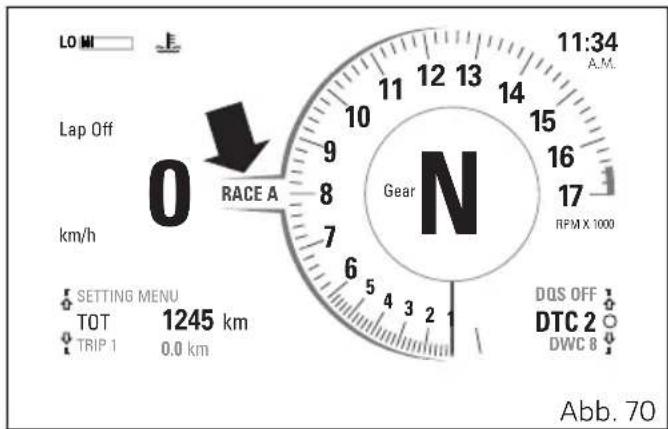 LO MI Lap Off km/h 0 RACE A 11:34 A.M. 12 13 14 15 16 17 RPM X 1000 6 5 4 3 2 1 TOT 1245 km TRIP 1 0.0 km DQS OFF DTC 2 DWC 8 Abb. 70