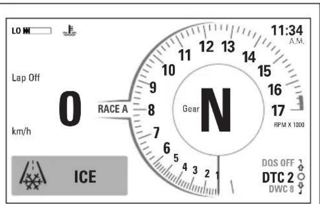 LO M Lap Off km/h 0 RACE A Gear N 11:34 A.M. 12 13 14 15 16 17 RPM X 1000 DQS OFF DTC 2 DWC 8 ICE