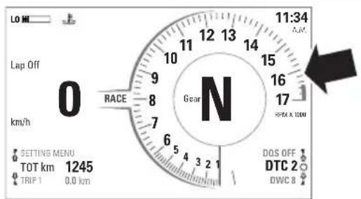 LO MI Lap Off km/h 0 RACE 9 8 7 6 5 4 3 2 1 Gear N 11:34 A.M. 15 16 17 DOS OFF DTC 2 DWC 8