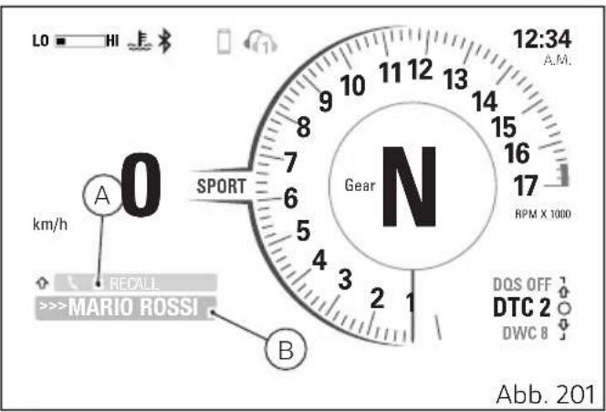 LO HI 12:34 A.M. km/h A 0 SPORT Gear N RPM X 1000 DQS OFF DTC 2 DWC 8 >>MARIO ROSSI B Abb. 201