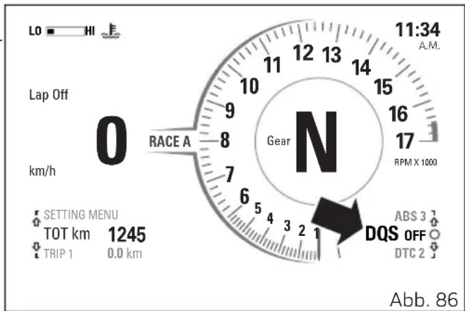 LO HI Lap Off 0 km/h RACE A Gear N 11:34 A.M. 12 13 14 15 16 17 RPM X 1000 6 5 4 3 2 1 DQS OFF ABS 3 DTC 2 Setting Menu TOT km 1245 TRIP 1 0.0 km Abb. 86