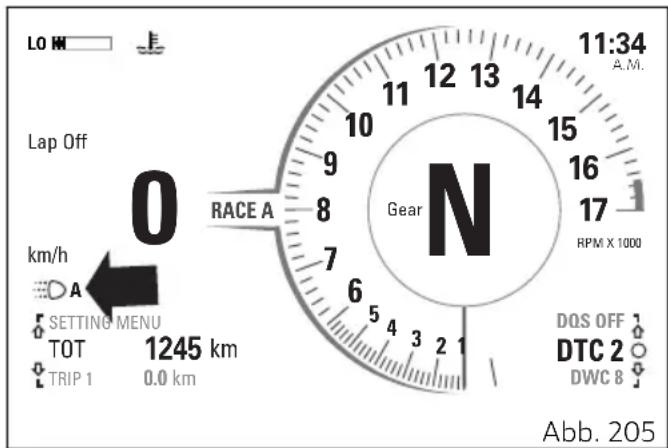 LO H Lap Off km/h A SETTING MENU TOT 1245 km TRIP 1 0.0 km RACE A Gear N 11:34 A.M. 11 12 13 14 15 16 17 RPM X 1000 DQS OFF DTC 2 DWC 8 Abb. 205