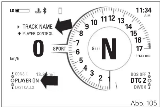 LO HM TRACK NAME PLAYER CONTROL 0 km/h SPORT Gear N RPM X 1000 CONS. I. 13.2 km/l PLAYER ON LAST CALLS DQS OFF DTC 2 DWC 8 Abb. 105