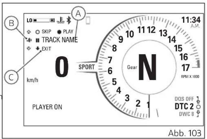 LO HI SKIP PLAY TRACK NAME EXIT A B C km/h O SPORT PLAYER ON Gear N 11:34 A.M. RPM X 1000 DQS OFF DTC 2 DWC 8 Abb. 103