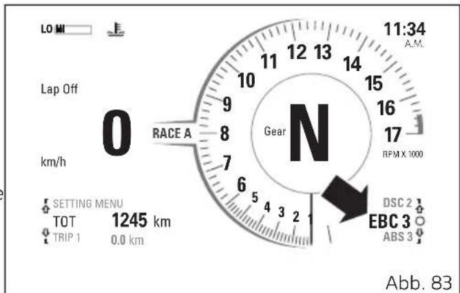 LO MI Lap Off km/h 0 RACE A Gear N 11:34 A.M. 12 13 14 15 16 17 RPM X 1000 6 5 4 3 2 1 DSC 2 TOT 1245 km TRIP 1 0.0 km EBC 3 ABS 3 Abb. 83
