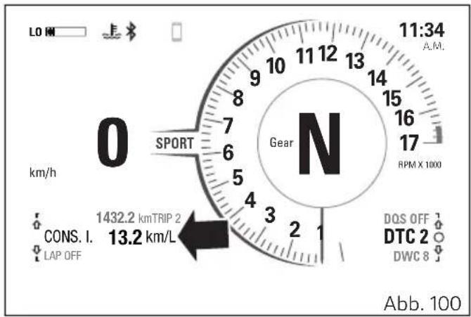 LO HM 11:34 A.M. 0 SPORT km/h N Gear RPM X 1000 DQS OFF DTC 2 DWC 8 Cons. I. 1432.2 kmTRIP 2 13.2 km/L LAP OFF Abb. 100