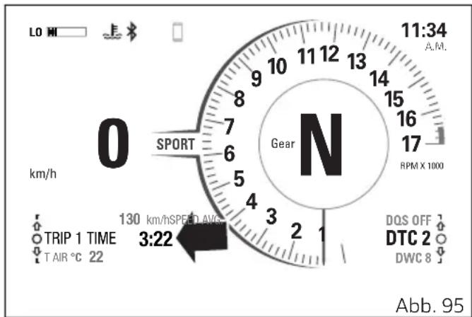 LO 0 km/h SPORT N Gear 11:34 A.M. 11 12 13 8 9 10 7 11 12 6 13 14 5 15 16 4 17 18 3 19 20 2 30 31 1 32 33 DOS OFF TRIP 1 TIME T AIR °C 22 DTC 2 DWC 8 Abb. 95