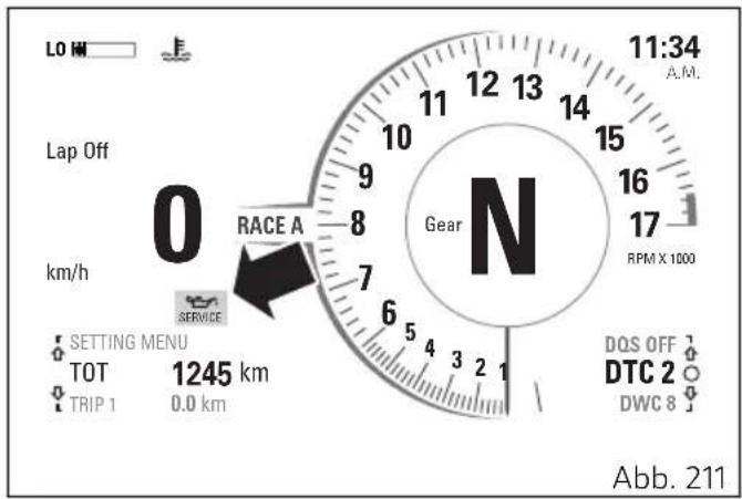 LO HM Lap Off 0 km/h RACE A SERVICE SETTING MENU TOT 1245 km TRIP 0.0 km Gear N 11:34 A.M. 16 17 RPM X 1000 DQS OFF DTC 2 DWC 8 Abb. 211