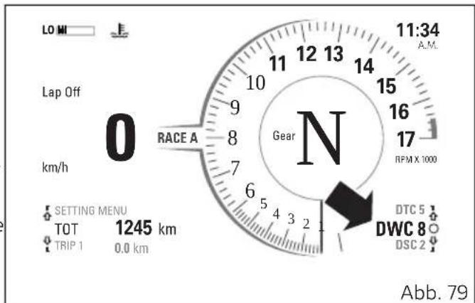 LO MI Lap Off km/h 0 RACE A Gear N 11:34 A.M. 12 13 14 15 16 17 RPM X 1000 6 5 4 3 2 1 DTC 5 TOT 1245 km TRIP 1 0.0 km DWC 8 DSC 2 Abb. 79