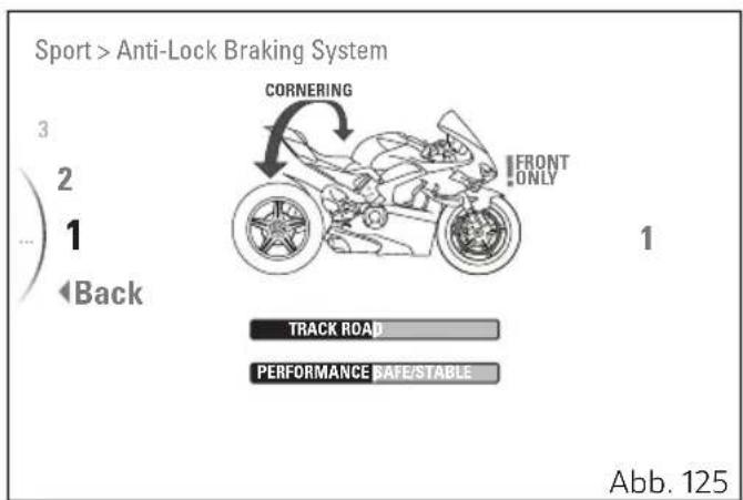 Sport > Anti-Lock Braking System 3 2 1 Back CORNERING FRONT ONLY 1 TRACK ROAD PERFORMANCE SAFE/STABLE Abb. 125