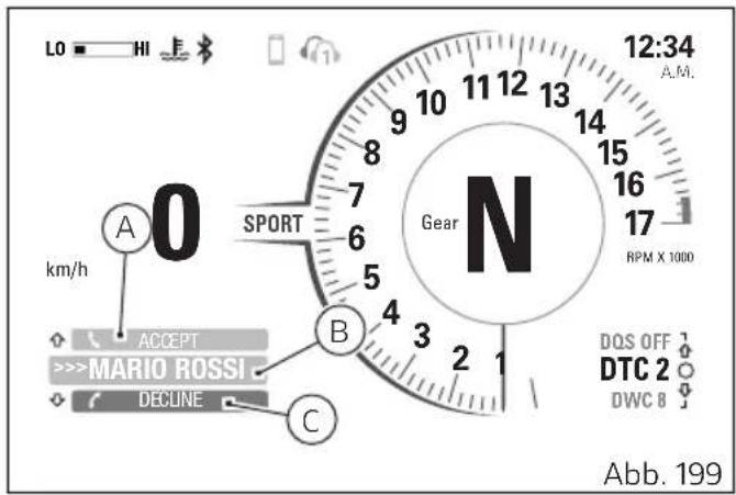 LO HI 12:34 A.M. km/h A 0 SPORT Gear N RPM X 1000 DQS OFF MARIO ROSSI DECUNE B C DTC 2 DWC 8 Abb. 199