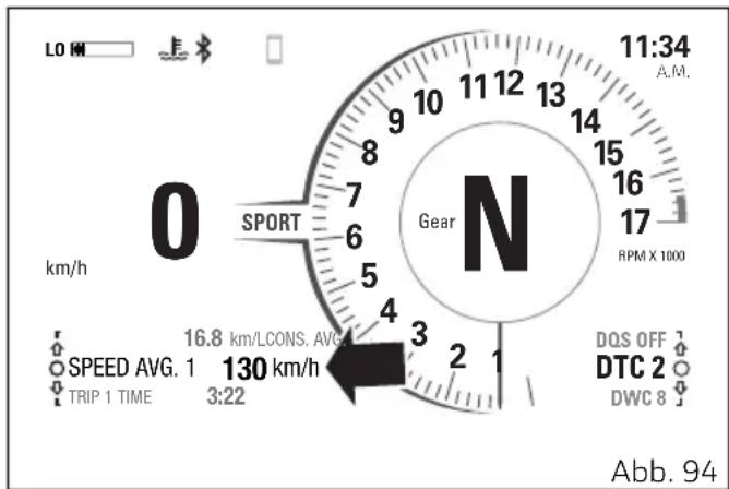LO H 11:34 A.M. 0 SPORT km/h Gear N RPM X 1000 16.8 km/LCONS. AVG. SPEED AVG. 1 130 km/h TRIP 1 TIME 3:22 DQS OFF DTC 2 DWC 8 Abb. 94
