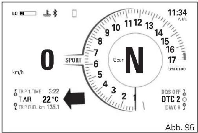 LO MI 11:34 A.M. 0 km/h SPORT Gear N RPM X 1000 TRIP 1 TIME 3:22 T AIR 22 °C TRIP FUEL km 135.1 DQS OFF DTC 2 DWC 8 Abb. 96