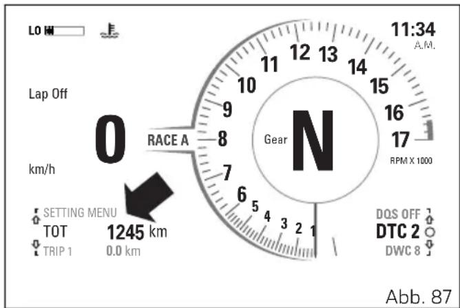 LO HM Lap Off 0 km/h RACE A SETTING MENU TOT 1245 km TRIP 1 0.0 km 11:34 A.M. 9 8 7 6 5 4 3 2 1 Gear N RPM X 1000 DQS OFF DTC 2 DWC 8 Abb. 87