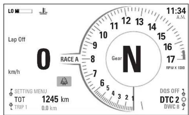 LO M Lap Off 0 km/h RACE A Gear 11:34 A.M. 11 12 13 14 15 16 17 RPM X 1000 DQS OFF TOT 1245 km TRIP 1 0.0 km DTC 2 DWC 8