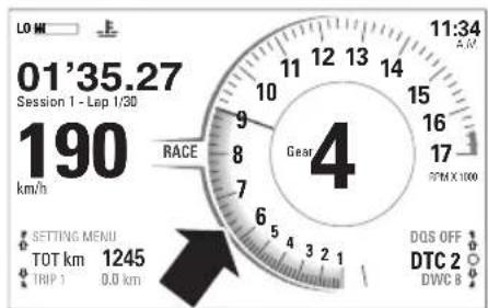 01'35.27 Session 1 - Lep 1/30 190 km/h RACE Gear 4 TOT km 1245 TRIP 0.0 km 11:34 A.M 15 16 17 RPM X 1000 DOS OFF DTC 2 DWC 8
