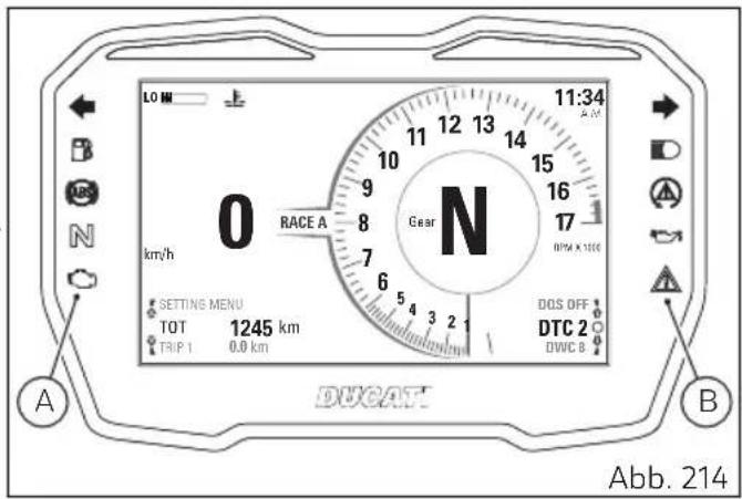 LO M 11:34 km/h 0 RACE A Gear N 10 9 8 7 6 5 4 3 2 1 Ten Setting Menu TOT 1245 km TRIP 1 0.0 km DSP A 1000 DOS OFF DTC 2 DWIC 8 A B DUCAT Abb. 214