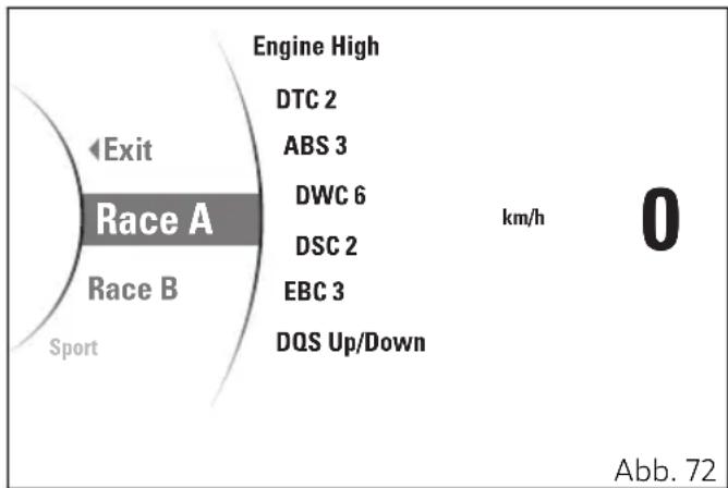 Engine High DTC 2 ABS 3 DWC 6 DSC 2 EBC 3 DQS Up/Down km/h 0 Exit Race A Race B Sport Abb. 72