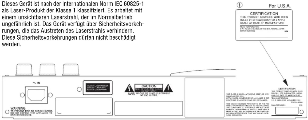Dieses Gerät ist nach der internationalen Norm IEC 60825-1 als Laser-Produkt der Klasse 1 klassifiziert. Es arbeitet mit einem unsichtbaren Laserstrahl, der im Normalbetrieb ungefährlich ist. Das Gerät verfügt über Sicherheitsvorkehrungen, die das Austreten des Laserstrahls verhindern. These Sicherheitsvorkehrungen dürfen nicht beschädigt werden. ① For U.S.A. CERTIFICATION THIS PRODUCT COMPLIES WITH DHHS RULES 21 CFR SUBCHAPTER J APPLIC CABLE AT DATE OF MANUFACTURE TEAC CORPORATION 3-7-3 NAKA-OHO, MUSASHINO-SHI, TOKYO, JAPAN MANUFACTURED: ② WARNING TO PREVENT FIRE OR SHOCK HAZARD, DO NOT EXPOSE THIS APPLIANCE TO RAIN OR MOISTURE. CLASS I LASER PRODUCT LUCKIN / LASER-ATI KLASIT / LASER/AMM CAUTION RISK OF LITER, HOURS DO TAX OPE AVIS RESQUE DE CHOC ELECTRIQUE NE PAS OLIVIR. THIS CLASS II DIGITAL APPRAVATUS COMPLIES WITH CANADIAN DES-OS CET APPEARL NUMÉRIQUE DE LA CLASSE II EST CONFORME À LA NOVINE NMS 003 DU CANADA. THIS DEVICE COMPLIES WITH PART IS OF THE FEC RULES OPERATION IS SELECT TO THE FOLLOWING TWO CONDITIONS. (O) THIS DEVICE MAY NOT CAUSE WARNING, INTERFERENCE, AND CZT THIS DEVICE MUST ACCEPT ANY INTERFERENCE RESERVED IN- CLUING INTERFERENCE THAT MAY CAUSE UNDE- SREED OPERATION. CERTIFICATION THIS PRODUCT COMPLIES WITH DHHS REAICS 21 CFR SUBCHAPTER J APPLIC CABLE AT DATE OF MANUFACTURE. TEAC CORPORATION 3-7-3 NAKA-OHO, MUSASHINO-SHI, TOKYO, JAPAN MANUFACTURED: DTA