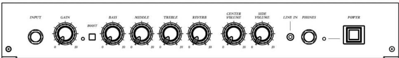 INPUT GAIN 0 10 BOOST BASS 0 10 MIDDLE 0 10 TREBLE 0 10 REVERB 0 10 CENTER VOLUME 0 10 SIDE VOLUME 0 10 LINE IN PHONES POWER