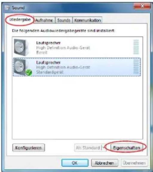 Sound Wiedergabe Aufnahme Sounds Kommunikation Die folgenden Audiowiedergabegerste sind installiert: Lautsprecher High Definition Audio-Gerat Bereit Lautsprecher High Definition Audio-Gerat Standardgerät Konfigurieren Als Standard Eigenschaften OK Abbrechen Overnehmen