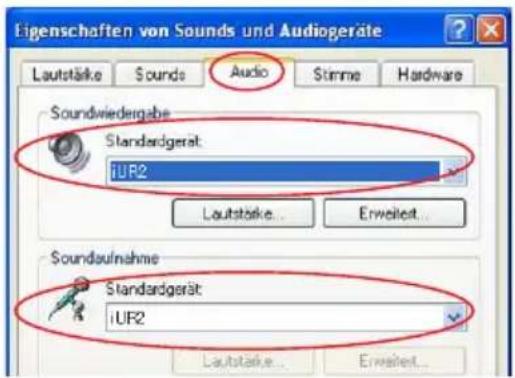 Eigenschaften von Sounds und Audiogeräte Lautstärke Sounds Audio Stimme Hardware Soundwiedergabe Standardgerät iUR2 Lautstärke... Erweitet... Soundaufnahme Standardgerät iUR2 Lautstärke... Erweitet...