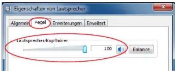 Eigenschaften von Lautsprecher Algemein Pegel Erweiterungen Erweitert Laufsprecher/Kopfhörer 100 Balance