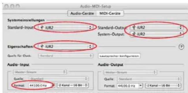 Audio-MDI-Setup Audio-Ceräte MIDI-Ceräte Systemeinsstellungen Standard-Input IUR2 Standard-Output IUR2 System-Output: IUR2 Eigenschaften IUR2 Quelle für Check Standard Lautsprecher konfigurieren Audio-Input Audio-Output Master-Strunk Master-Strunk Quelle: Standard Quelle: Standard Format: 44100.0 Hz Format: 44100.0 Hz 2 Kanal - 16 Bit 2 Kanal - 16 Bit