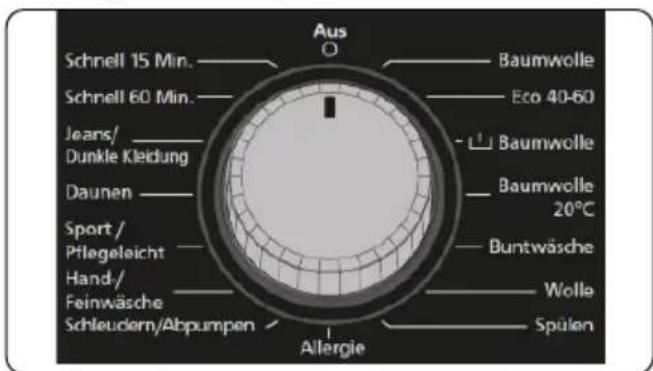 Aus Schnell 15 Min. Schnell 60 Min. Jeans/ Dunkle Kleidung Daunen Sport / Pflegeleicht Hand/ Feinwäsche Schleudern/Abpumpen Allergie Baumwolle Eco 40-60 Baumwolle Baumwolle 20°C Buntwäsche Wolle Spülen