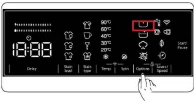 18:00 Delay Stain level Stain type 90°C 60°C 40°C 30°C 20°C Start/Pause Options Save+/Speed